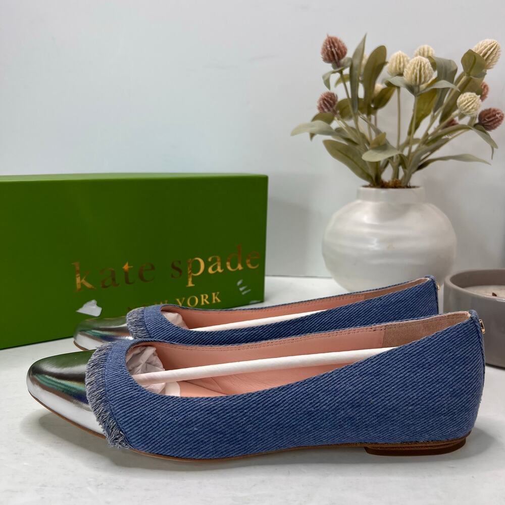 Kate Spade Nelly Wash Denim Fringe Flat Silver Toe Cap Women's 8.5M Tried On